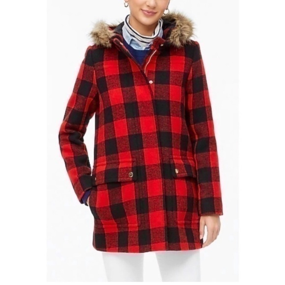 • J. Crew • Vail Parka In Buffalo Check Red and Black - Picture 1 of 12